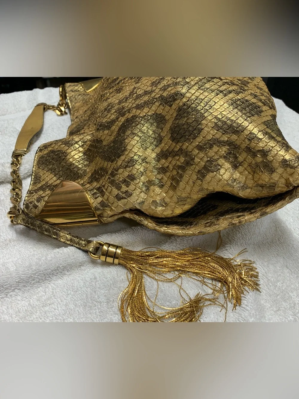 Gucci 1970 Gold Anaconda Snakeskin Tassel Chain Medium Hobo Bag